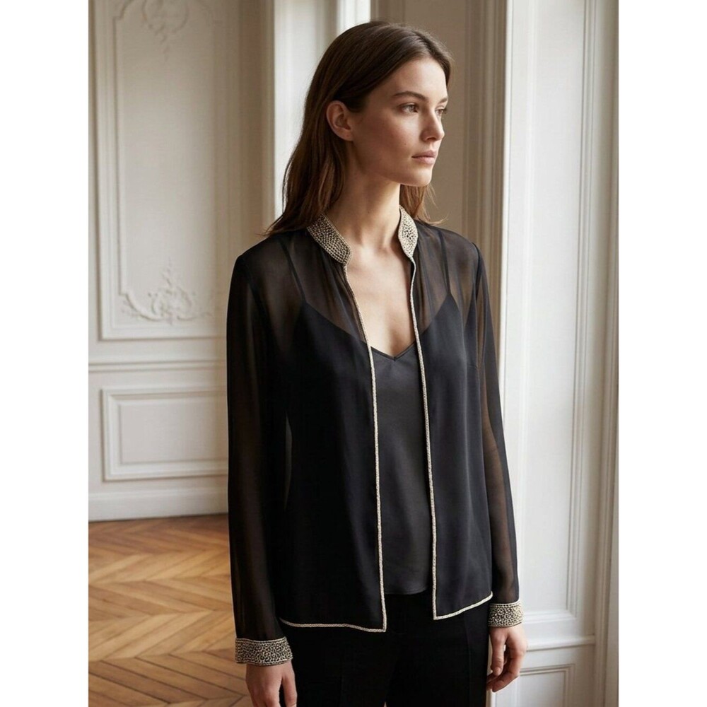 J Kara Black Sheer Jacket with Beaded Gold Trim Size 10